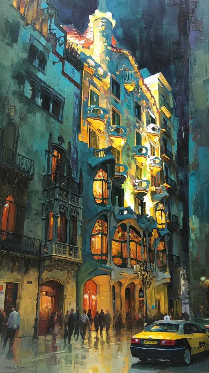 Vista dramática em guache da Casa Batlló em uma rua movimentada de Barcelona
