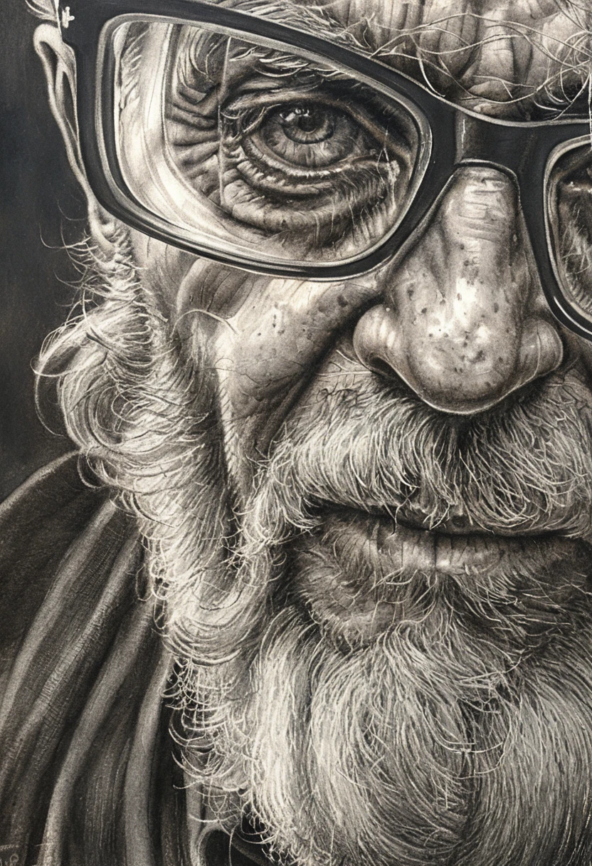 Close up pencil portrait of an aging man in glasses