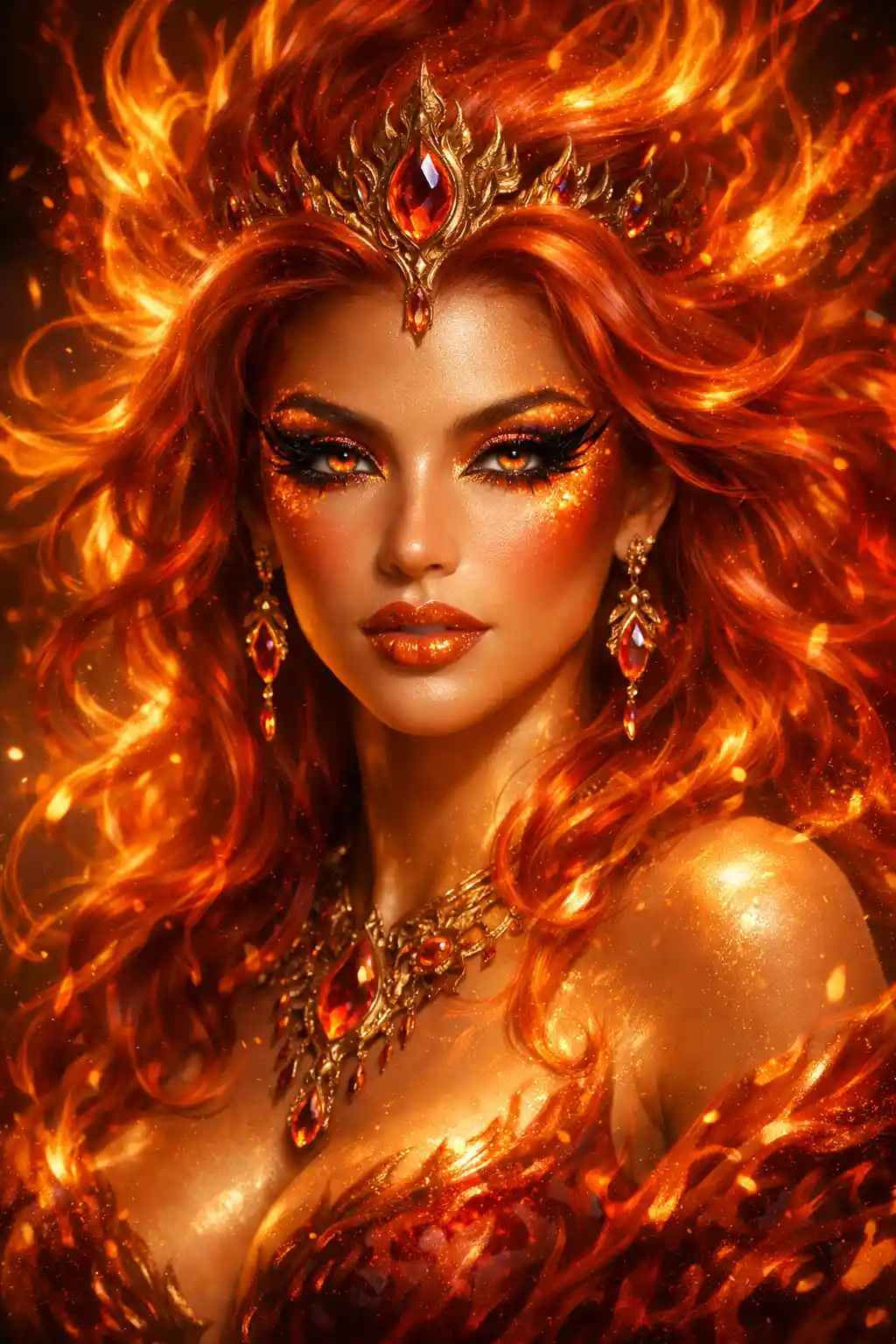 Donna fantasy infuocata con trucco ispirato a fiamme luminose