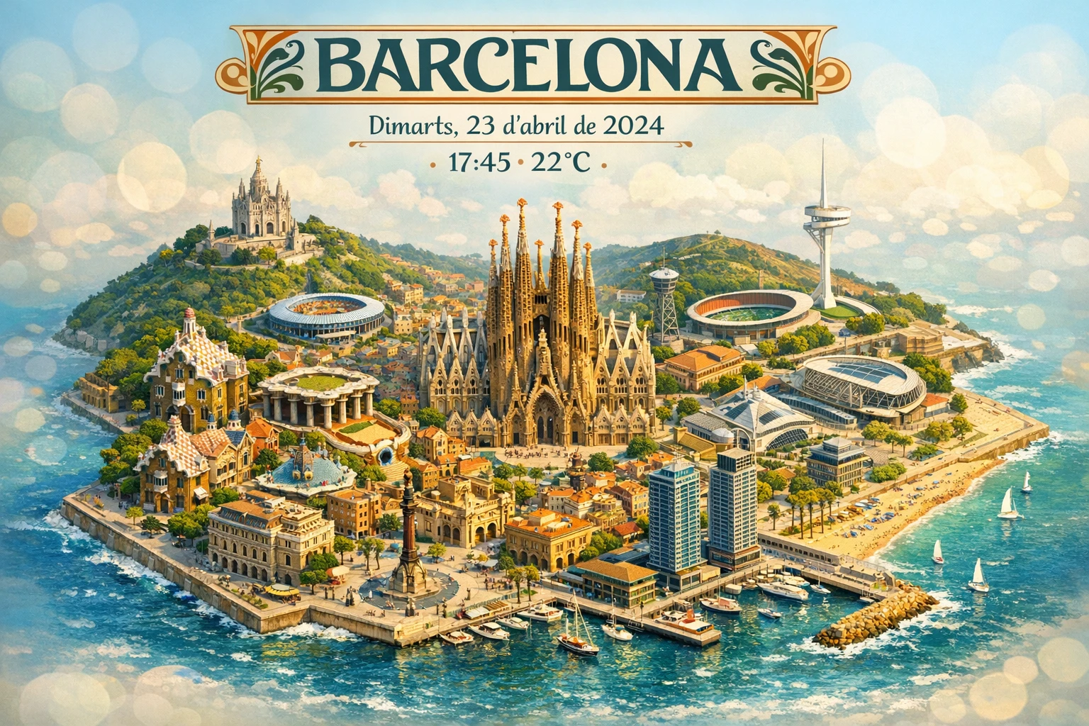 Isometric Barcelona cityscape with iconic landmarks and summer colors