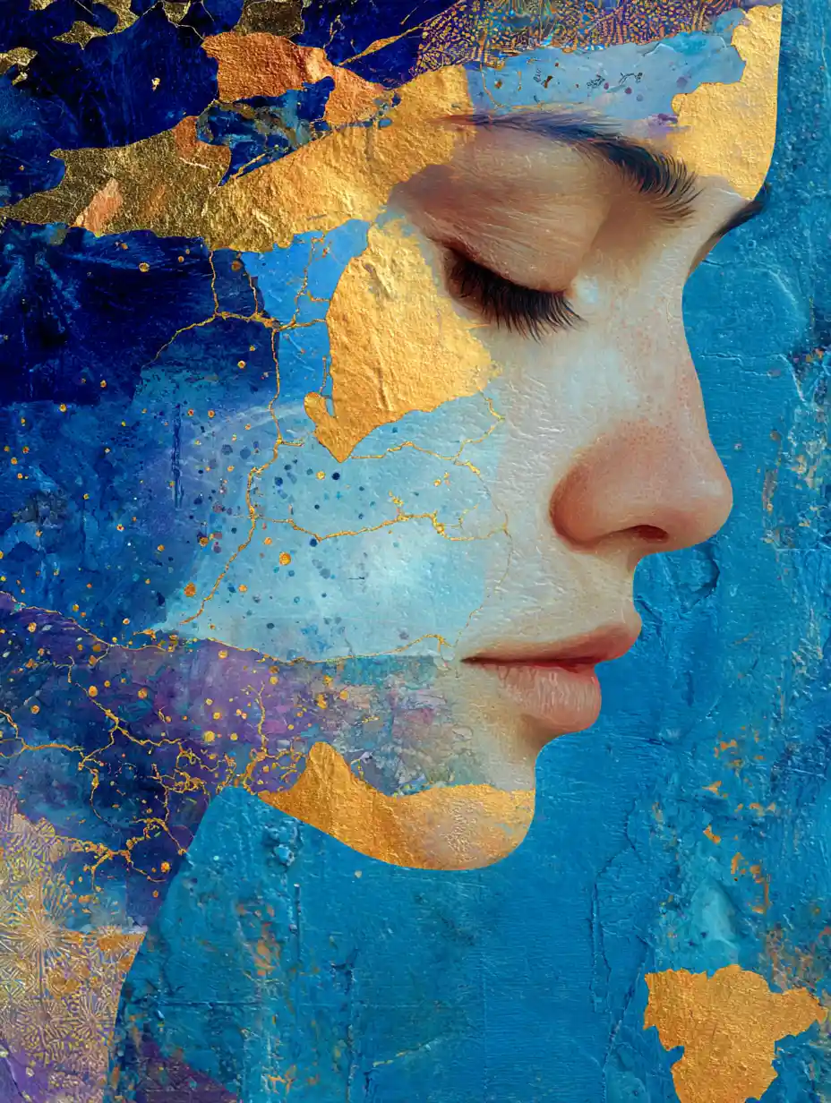 Surreal kintsugi inspired lovers in colorful mystic abstraction