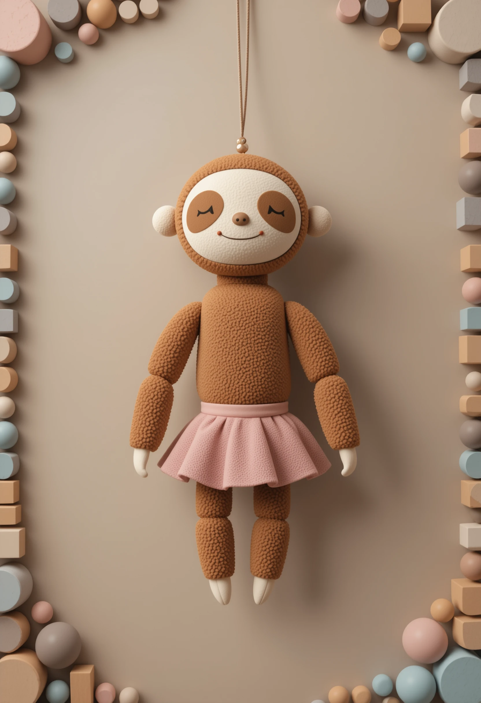 Cylinder sloth plush character on soft taupe abstract background