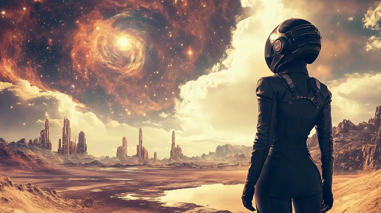 Mujer con traje espacial retro contemplando una nebulosa en un mundo alienígena