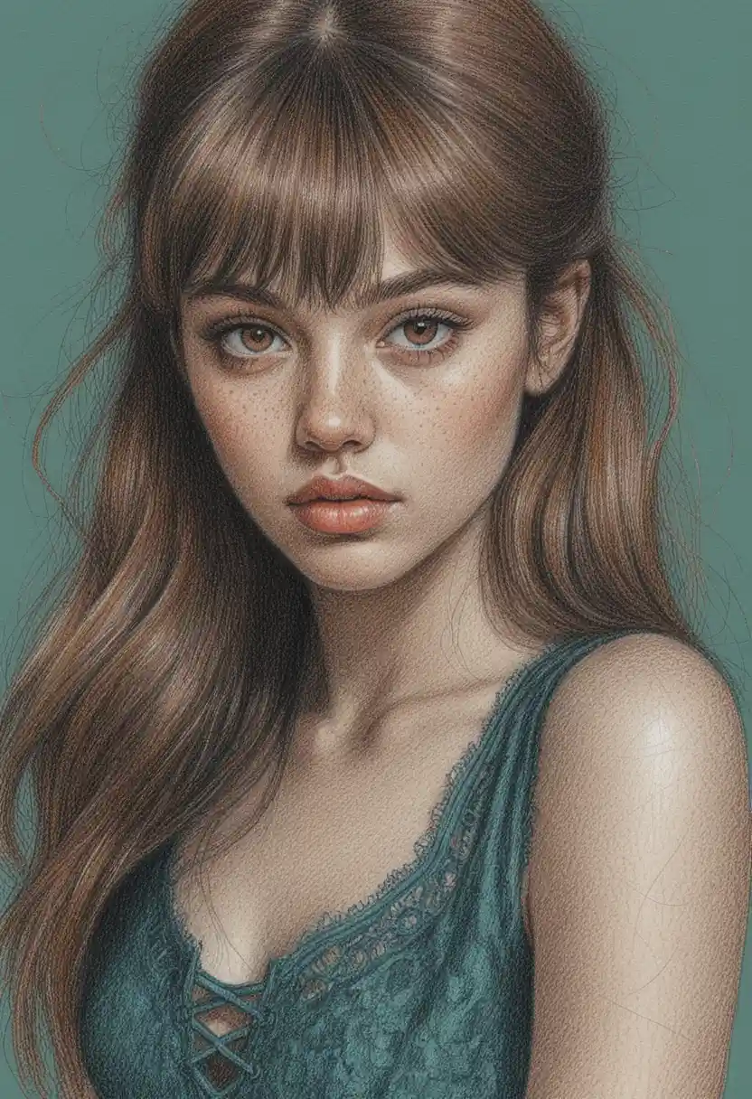 Colored pencil portrait of a freckled girl with teal lace top