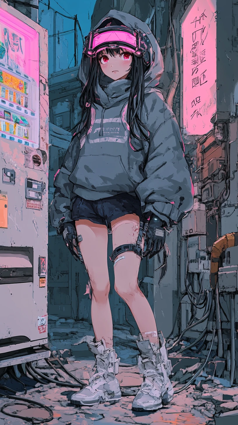 Anime girl in dystopian alley with pink debris and cables