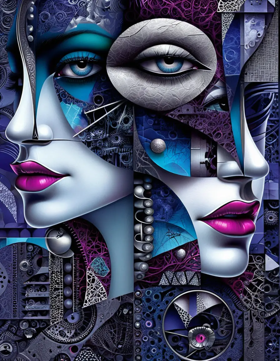 Biomechanical dual face portrait with geometric abstraction