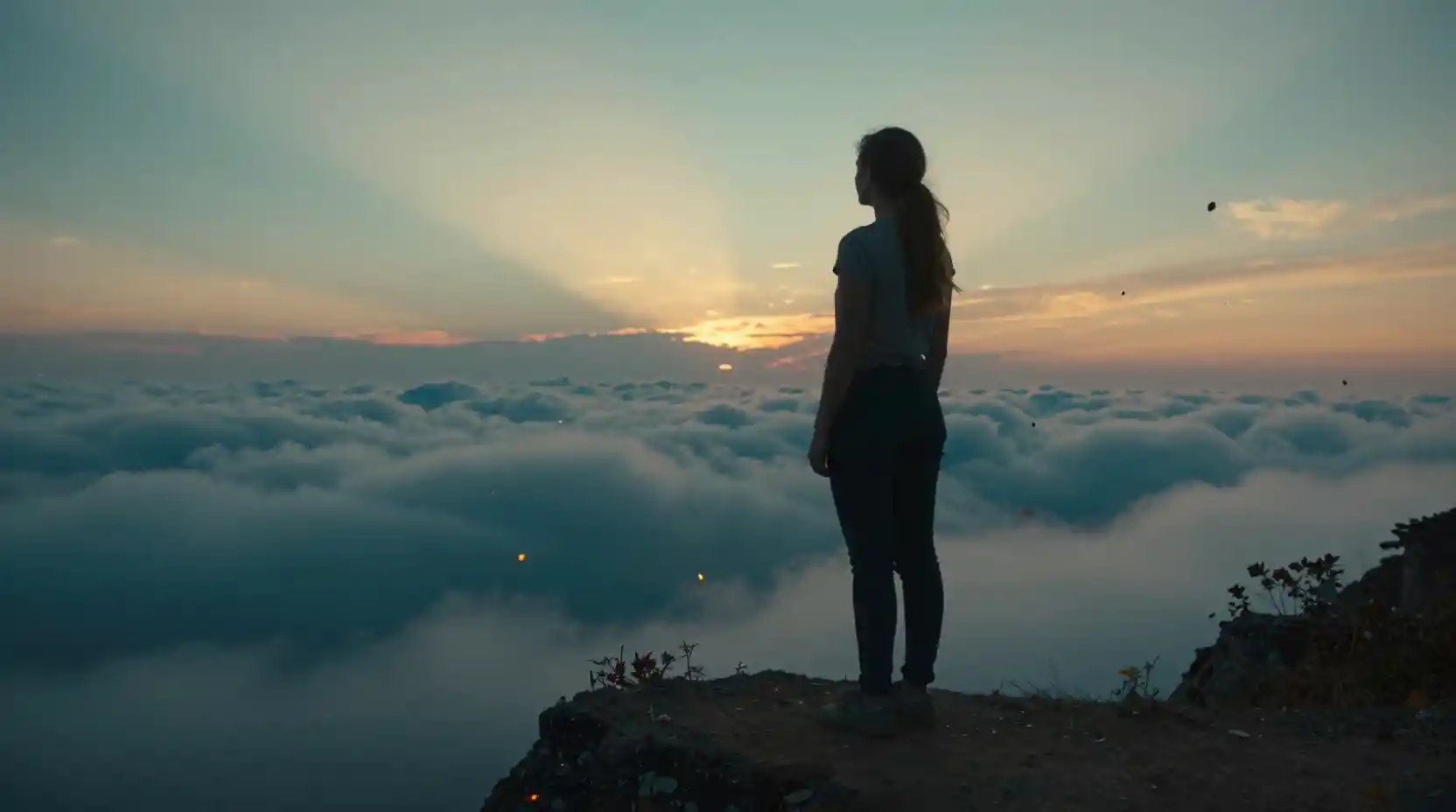Junge Frau bei Dämmerung auf einer Klippe über einem Wolkenmeer