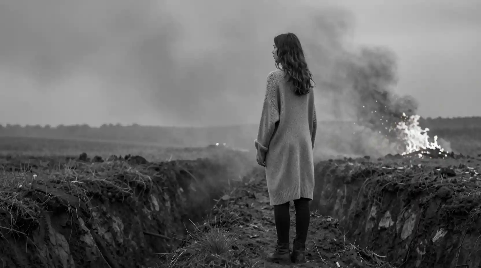 Young woman overlooks a desolate smoky battlefield landscape