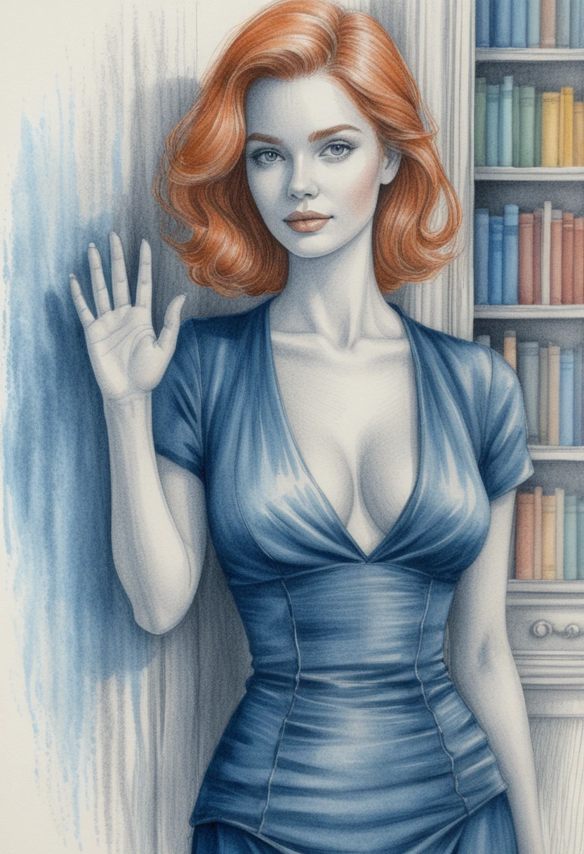 Elegant woman in blue silk robe colored pencil portrait