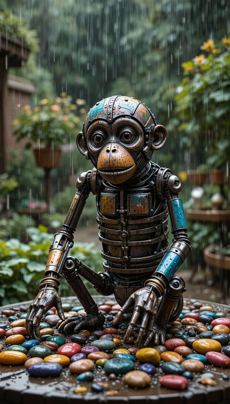 Scultura vintage di scimmia in metallo realizzata con ingranaggi colorati