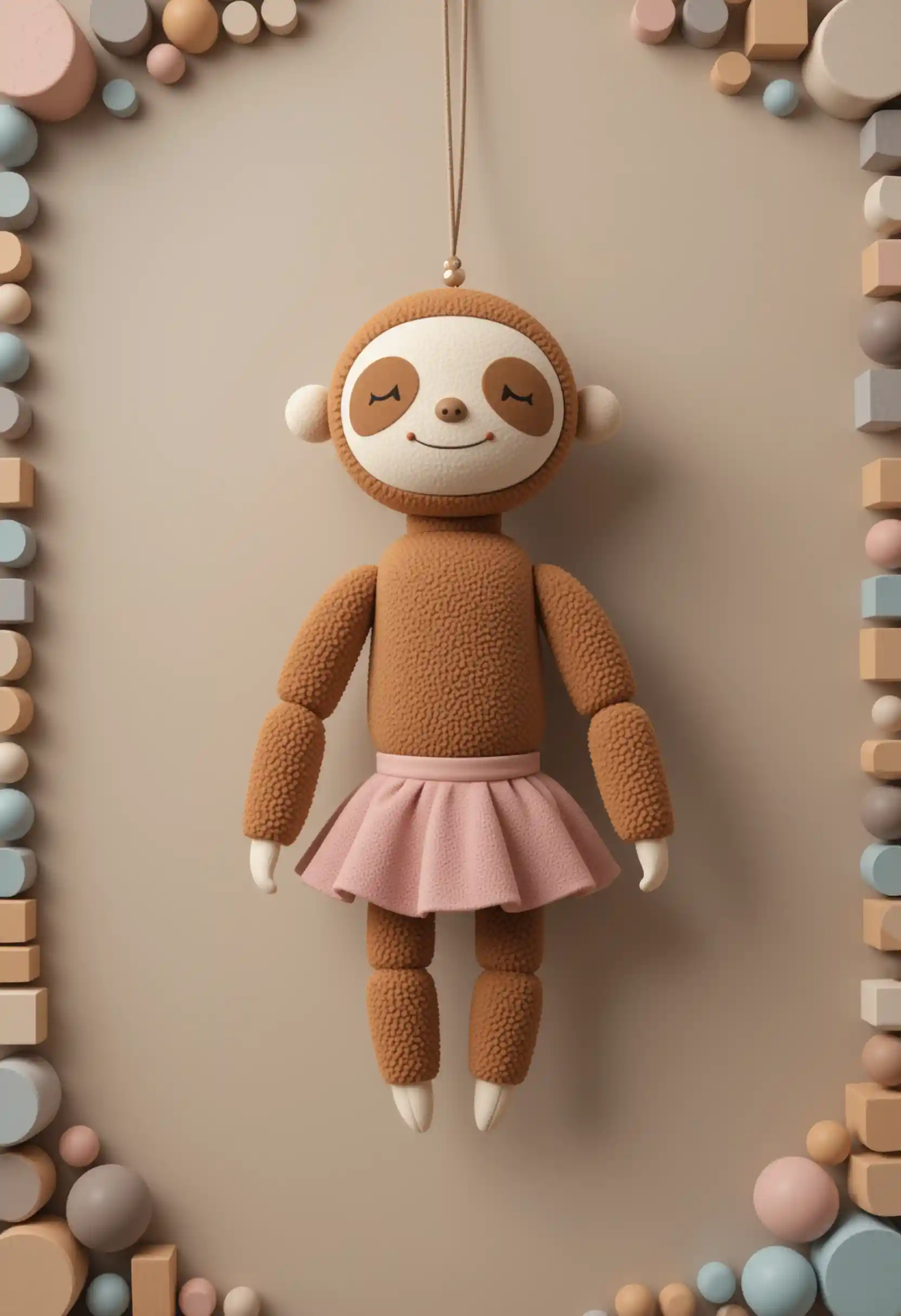 Cylinder sloth plush character on soft taupe abstract background