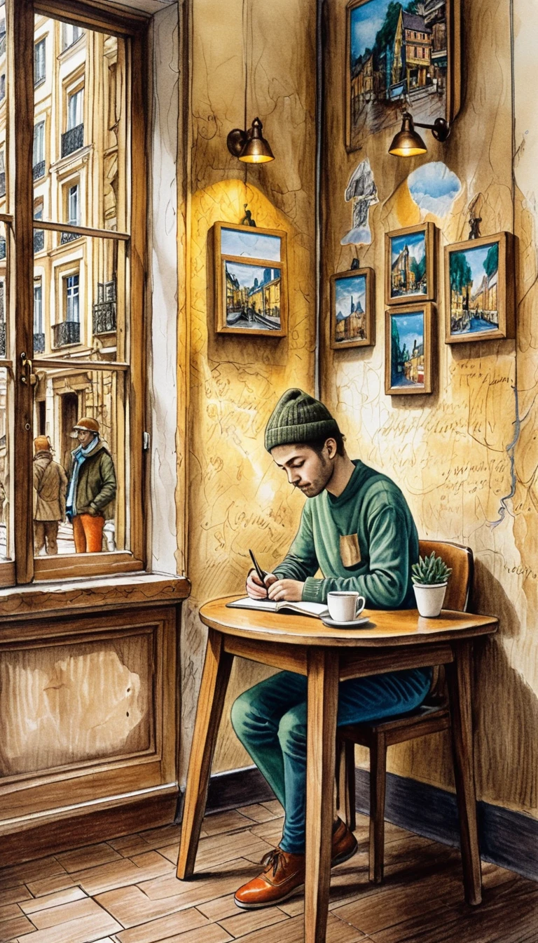 Thoughtful writer at a small oak table in a cafe