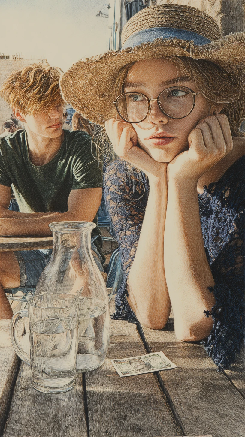 Melancholic woman at an outdoor cafe in afternoon light