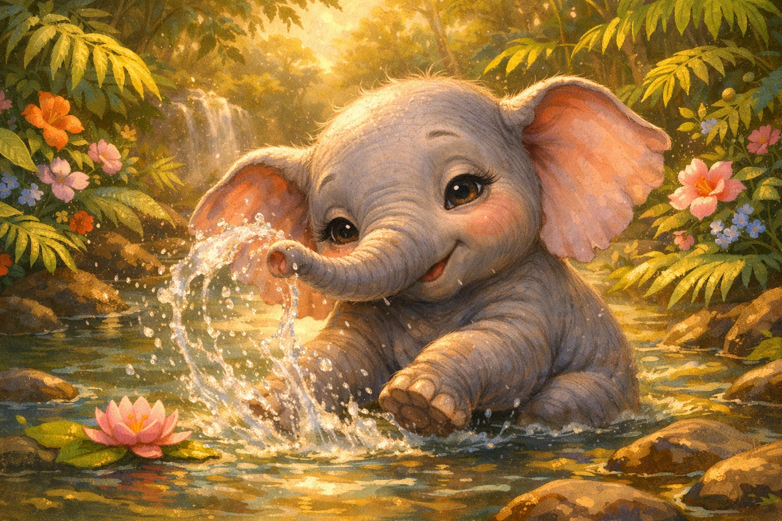 Baby elephant splashing in a sunny jungle river