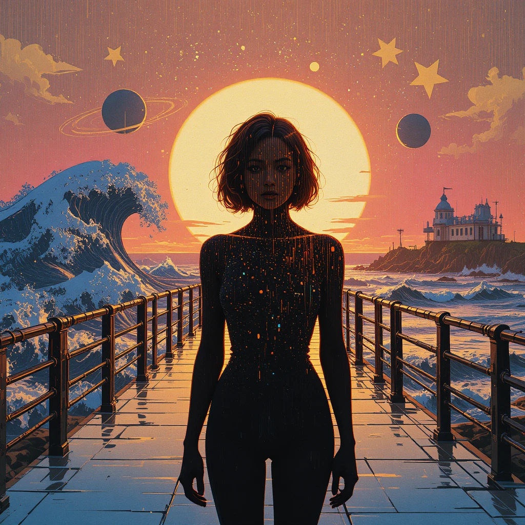 Glitched girl silhouette on a reflective pier at sunset