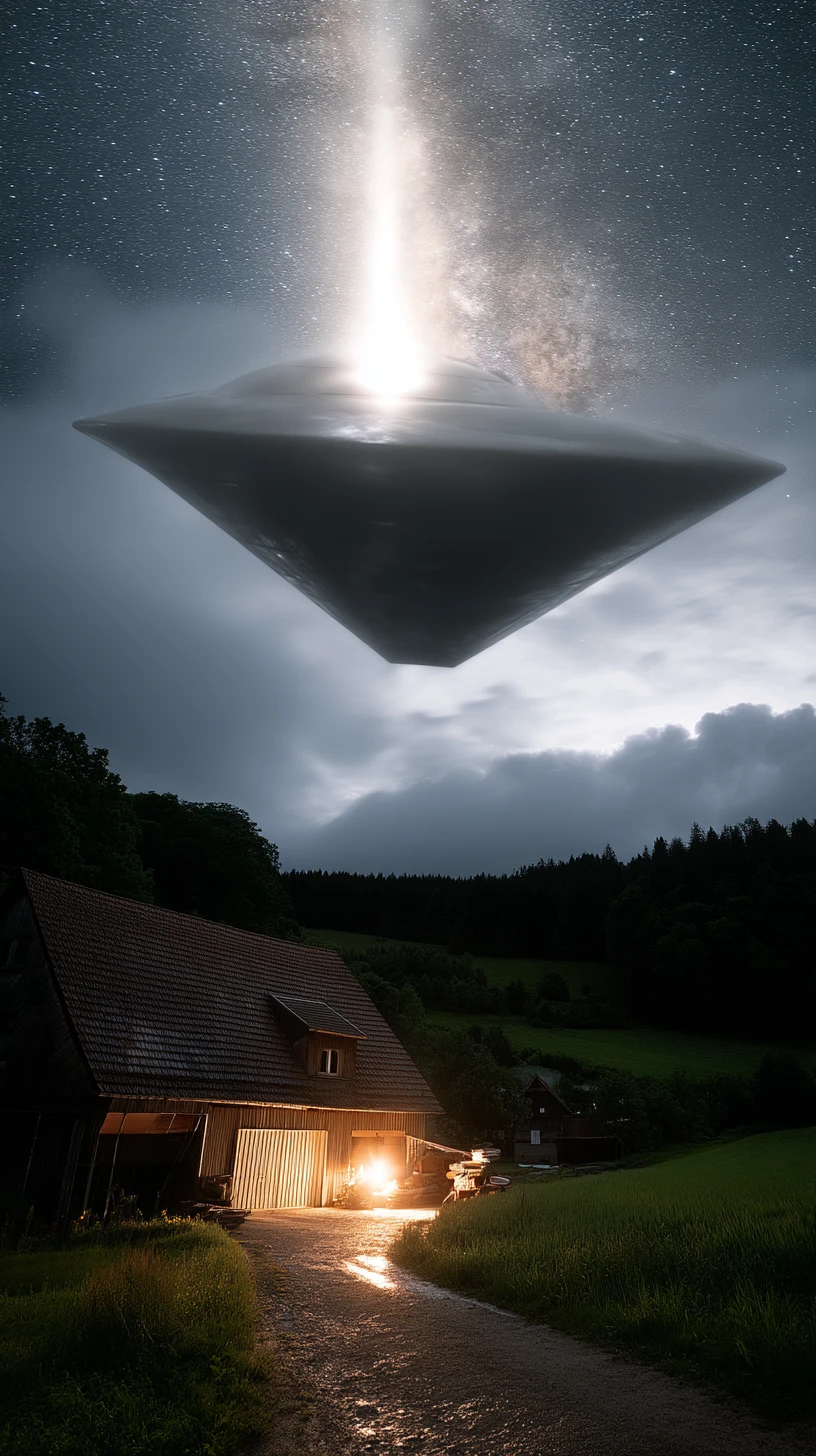 UFO with strobe lights over rural French night sky