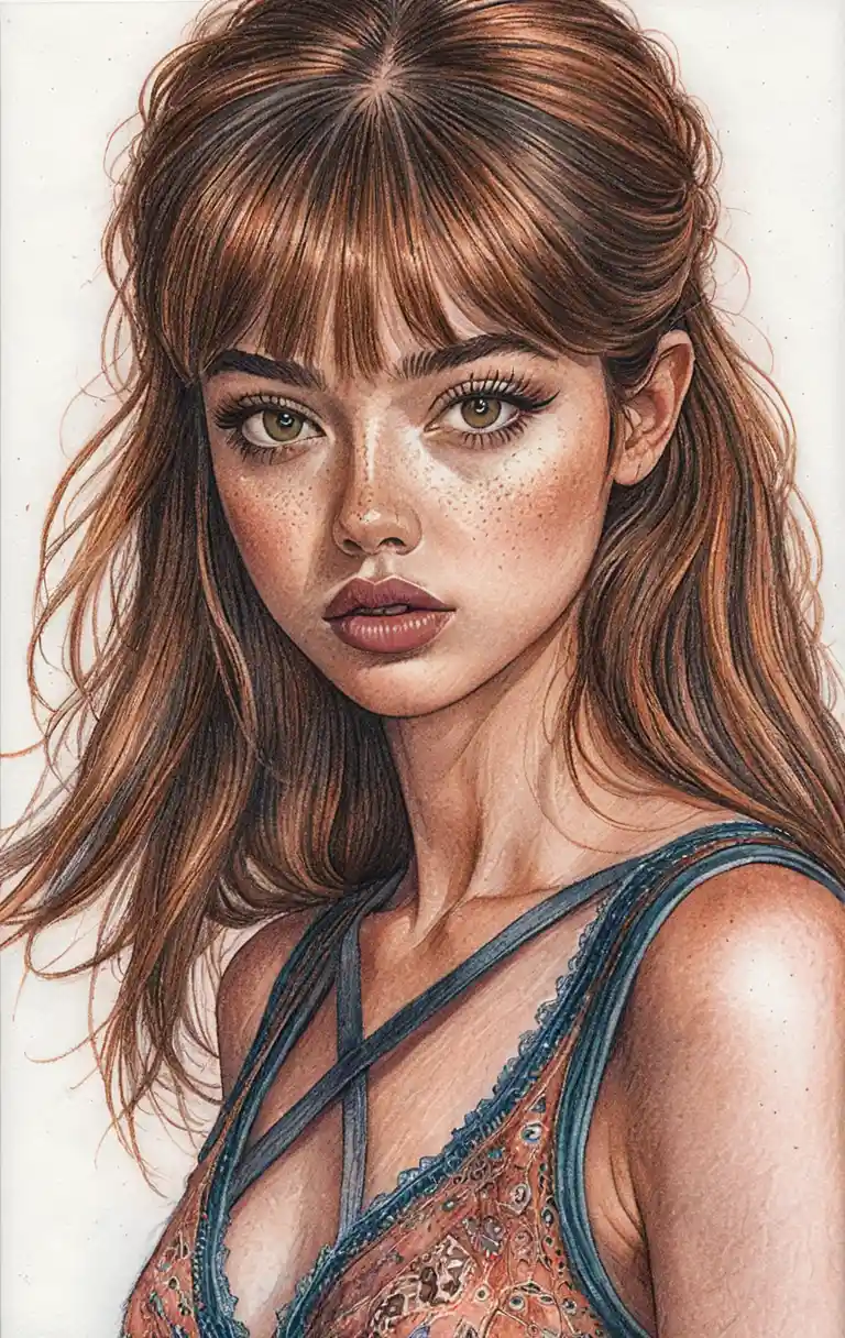Colored pencil portrait of a freckled girl on paper