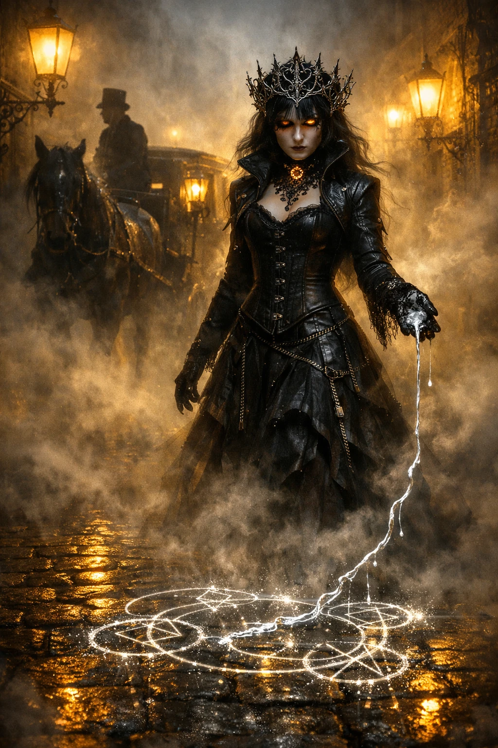 Midnight alchemist woman in a foggy victorian alley