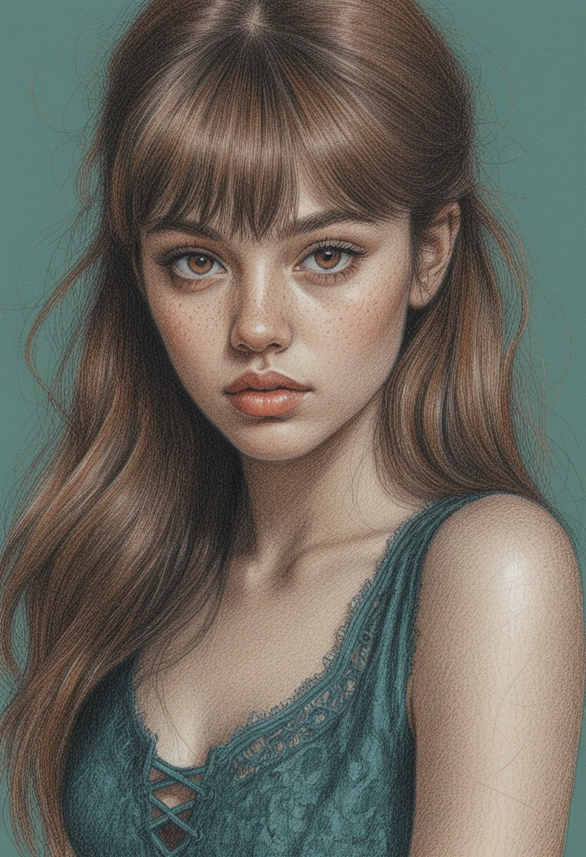 Colored pencil portrait of a freckled girl with teal lace top