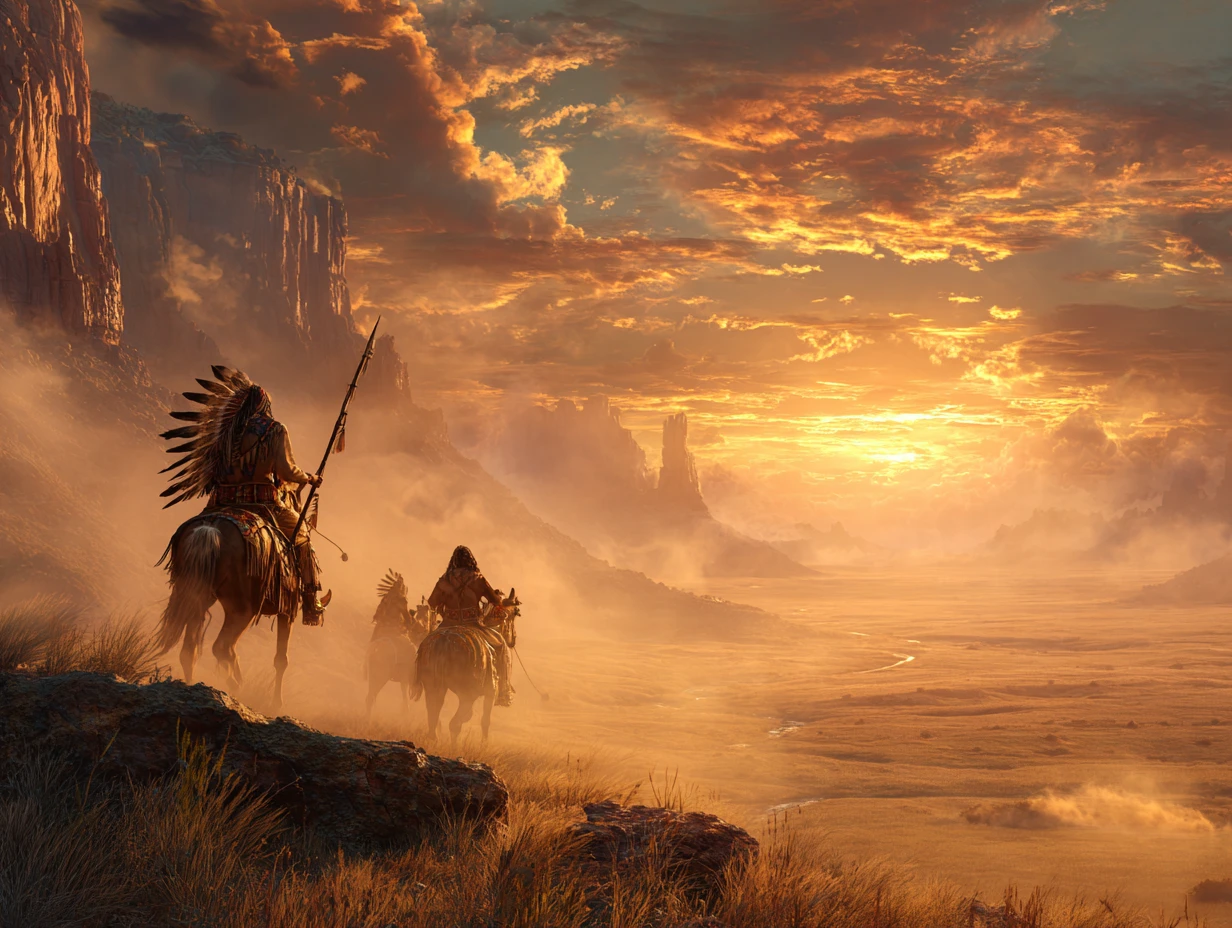 Native American warriors watching riders at golden sunset