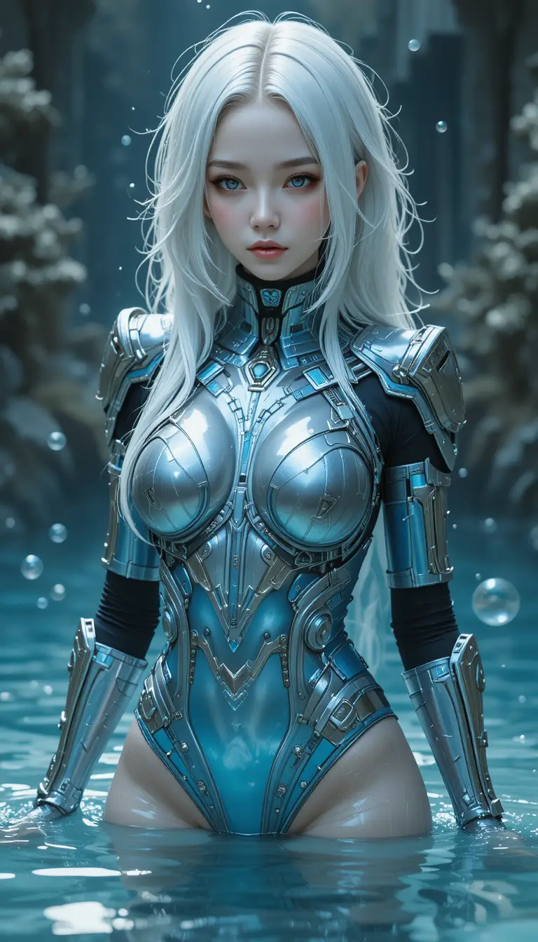 Donna sci‑fi dai capelli bianchi in tuta blu corazzata sott’acqua