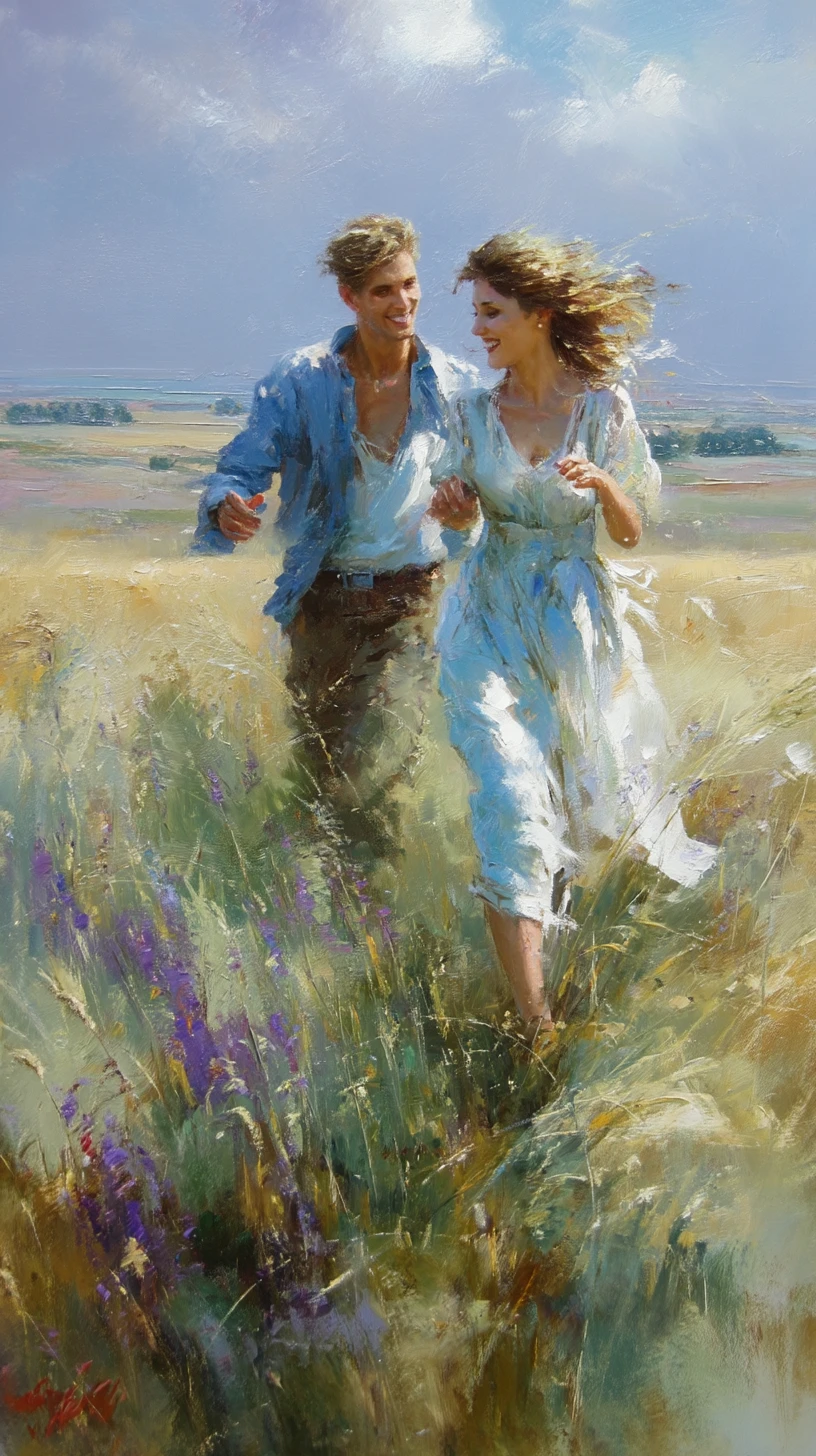 Couple running through a sunlit summer meadow in soft oil painting