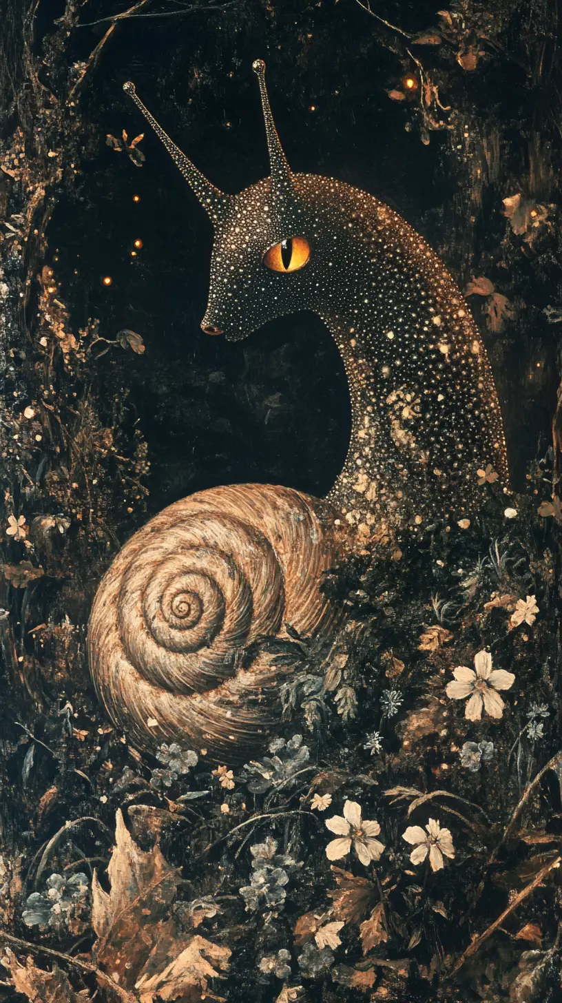 Hybrid snail cat creature in clover with glowing forest