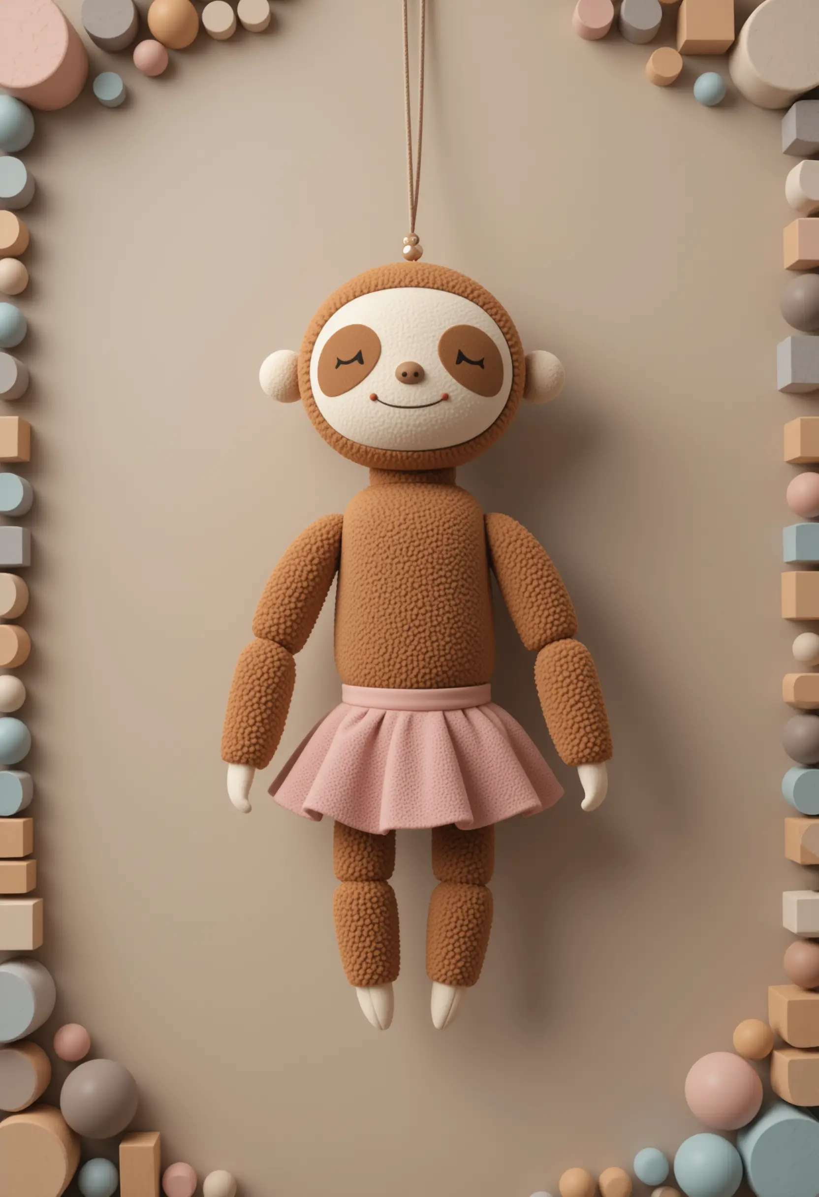 Cylinder sloth plush character on soft taupe abstract background