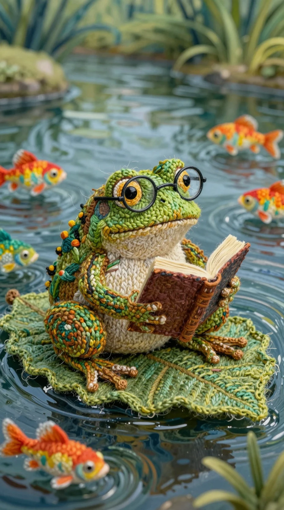 Thoughtful frog with book on a knitted river leaf