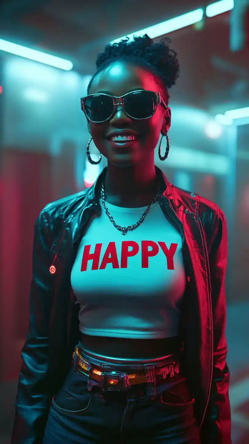 Joyful futuristic woman wearing a happy slogan shirt