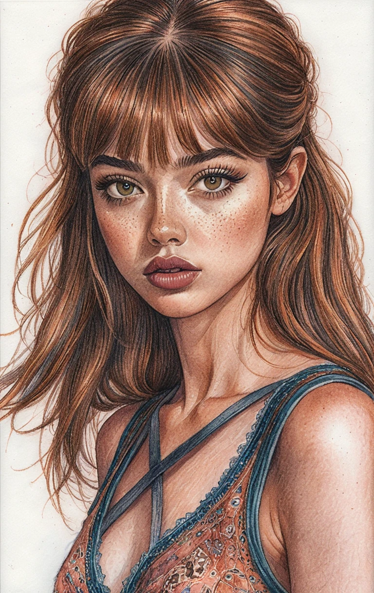 Colored pencil portrait of a freckled girl on paper