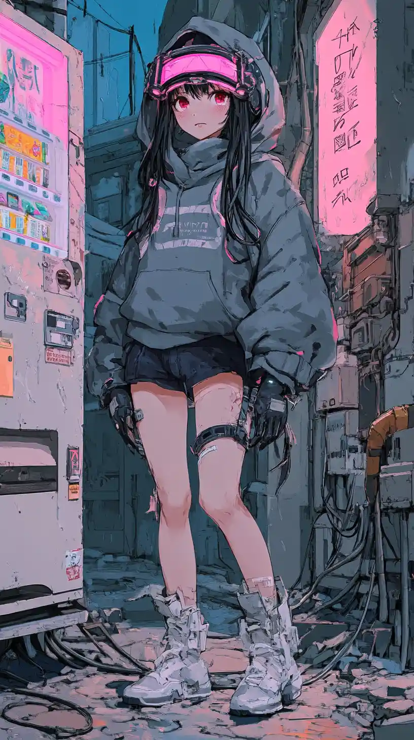 Anime girl in dystopian alley with pink debris and cables