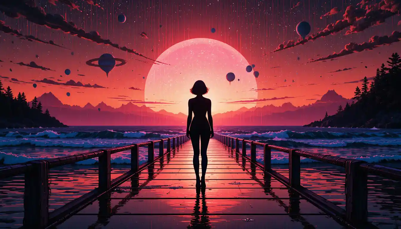 Glitch-Mädchensilhouette auf spiegelndem Steg bei Sonnenuntergang