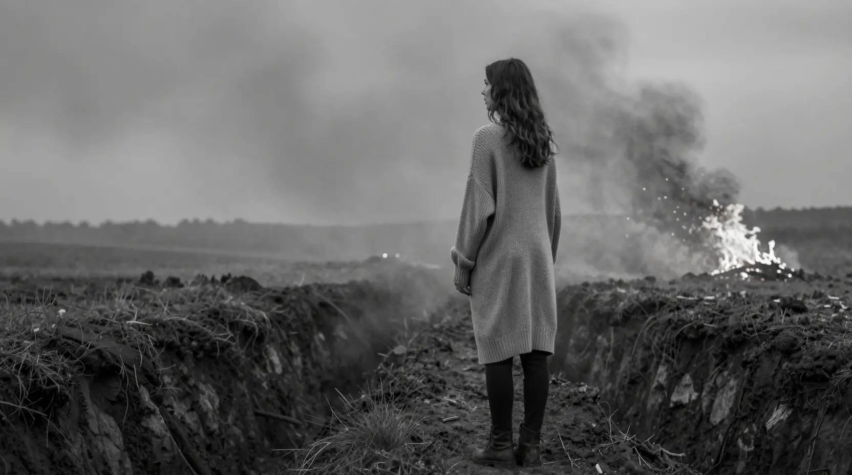 Young woman overlooks a desolate smoky battlefield landscape