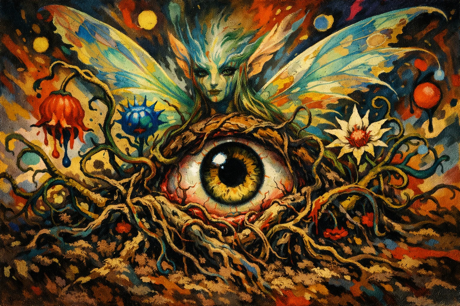 Surreal fairy bound in soil amid abstract roots and flowers