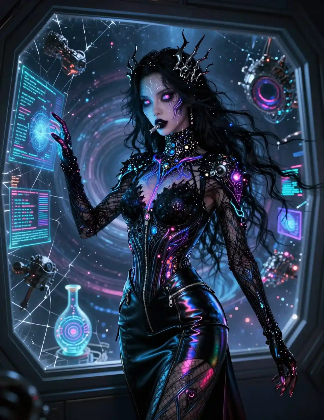Cyber gothic sorceress at the edge of a quantum abyss