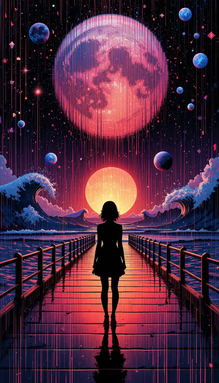 Glitch-Silhouette eines Mädchens auf einem spiegelnden Steg bei Sonnenuntergang