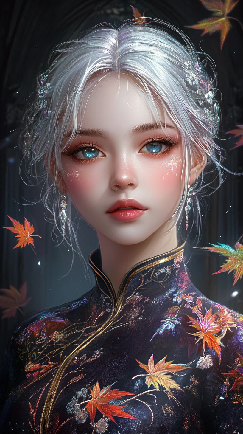 수정 단풍 잎 드레스를 입은 은발 애니메이션 소녀