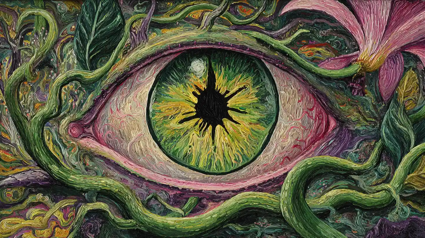 Surreal close up of a fearful eyeball tangled in roots