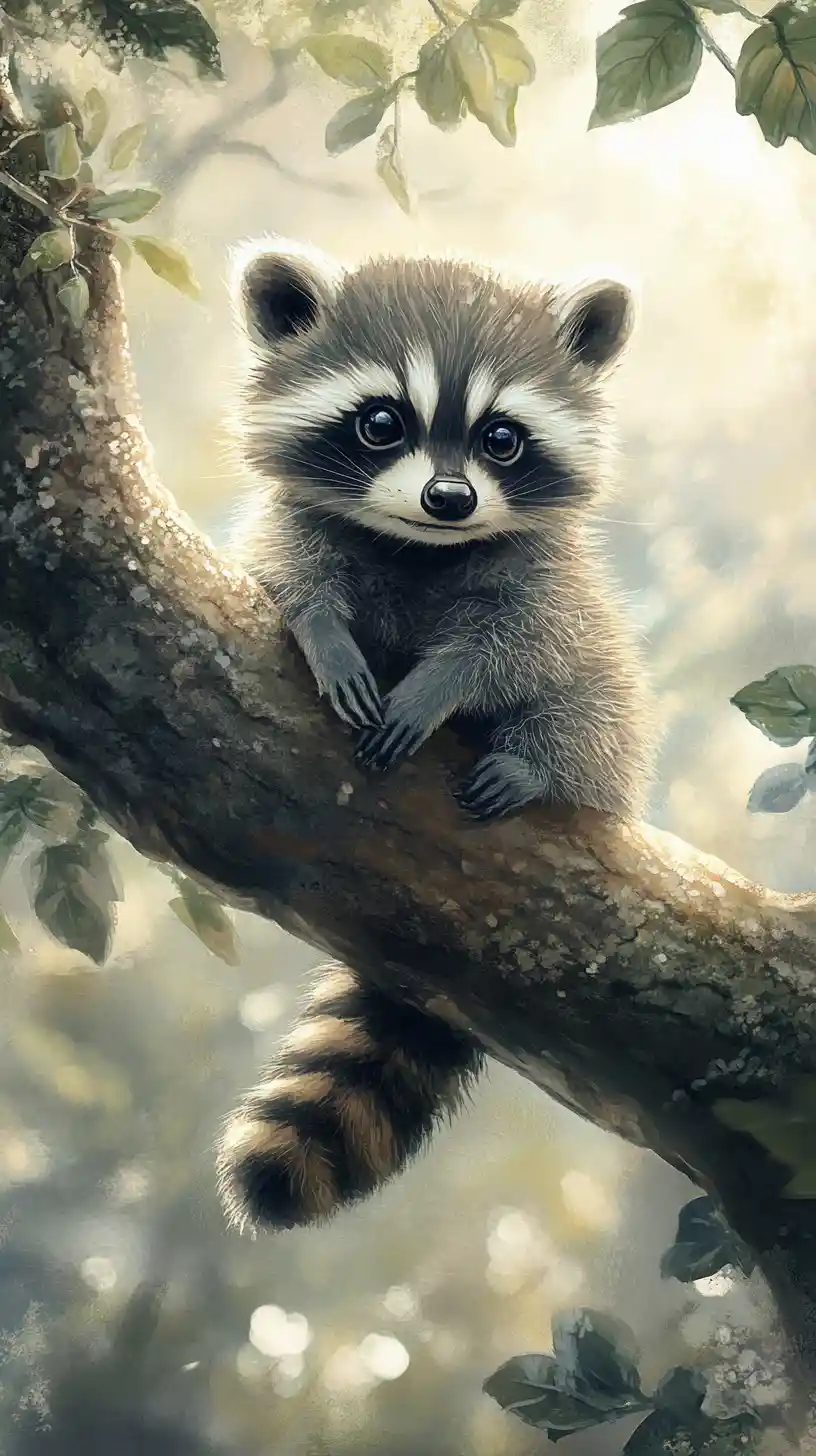 Cute baby raccoon on a tree branch in soft watercolor