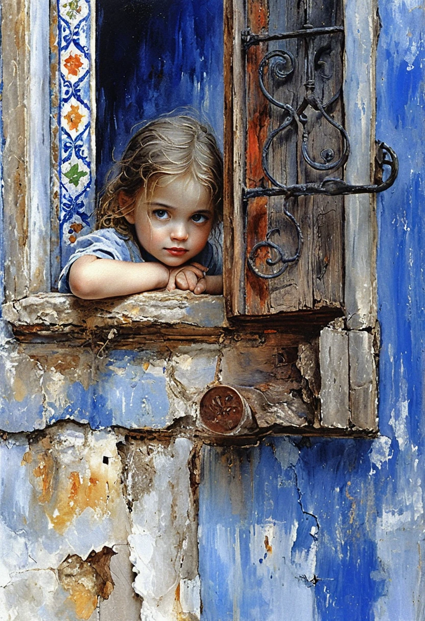 Bambino che guarda da una finestra rustica in un dipinto a olio