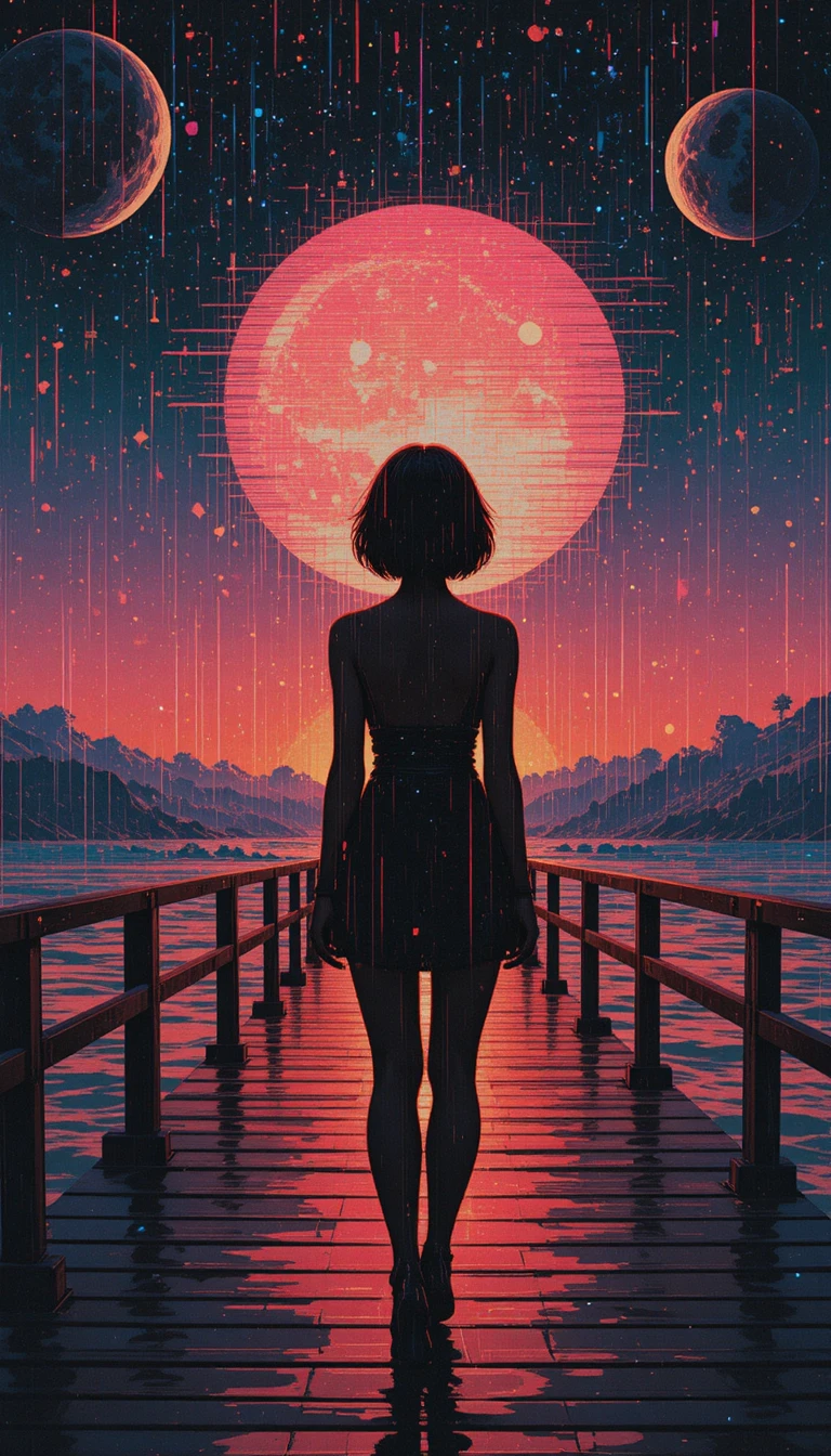 Glitched girl silhouette on a reflective pier at sunset