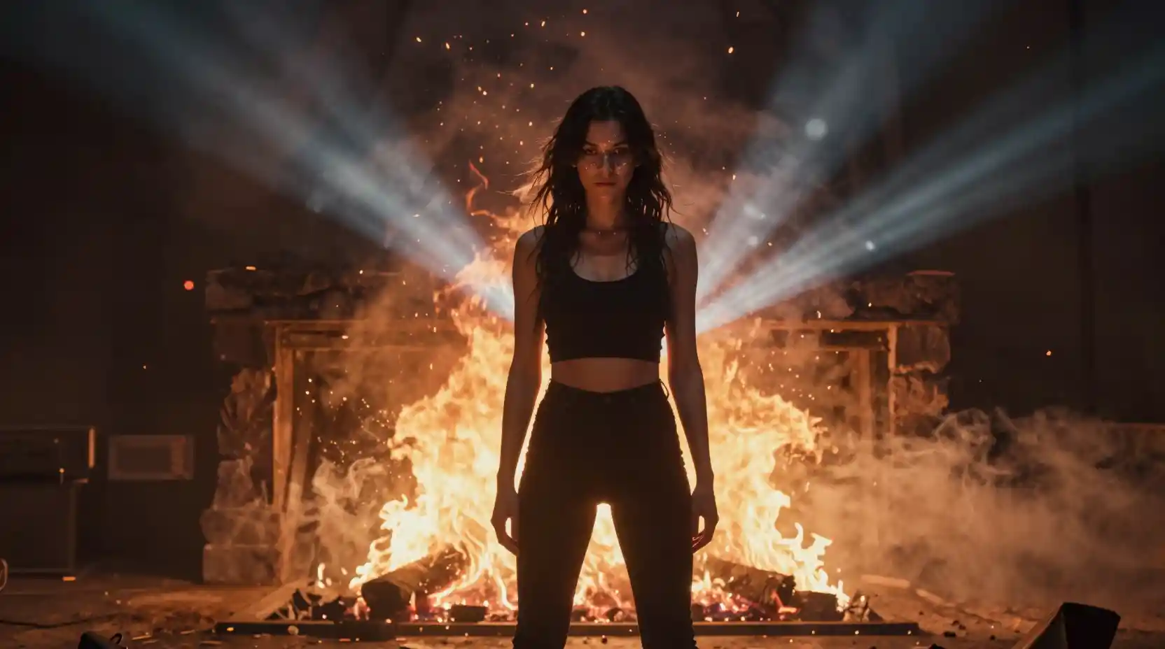 Woman framed by a massive burning fireplace with drifting embers
