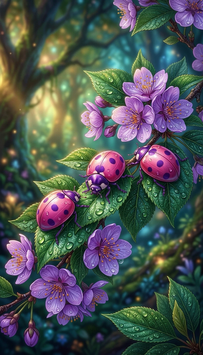 Pink ladybugs on green leaves and purple cherry blossoms