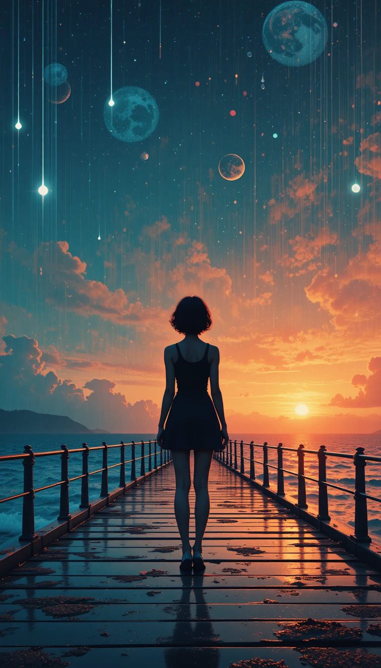 Glitched girl silhouette on a cosmic sunset pier