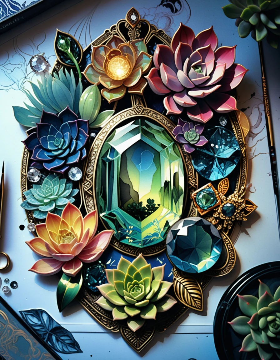 Colorful gemstone jewelry with neon succulents illustration