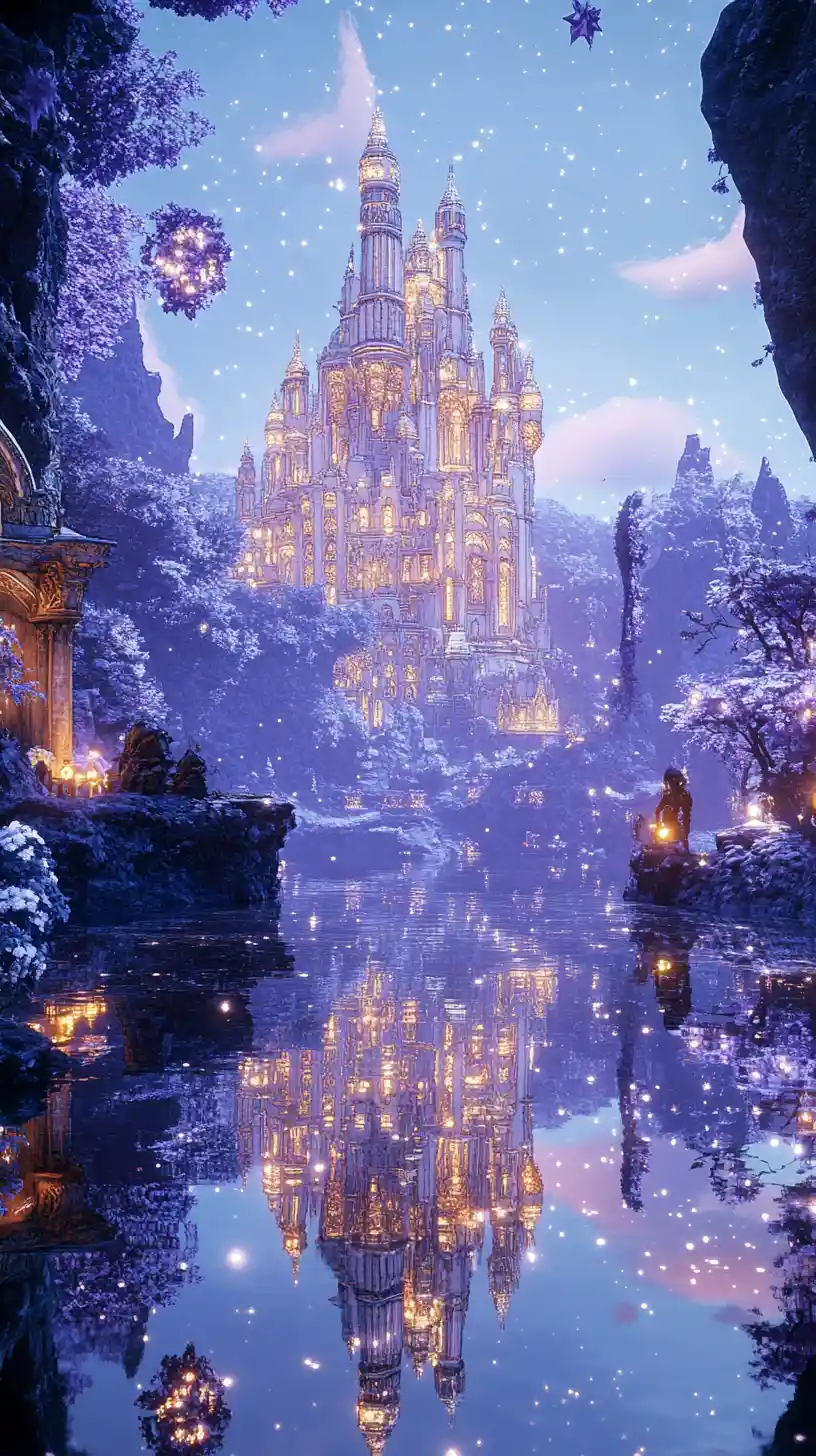 Elfo presso un lago a specchio di fronte a una cattedrale di marmo fluttuante