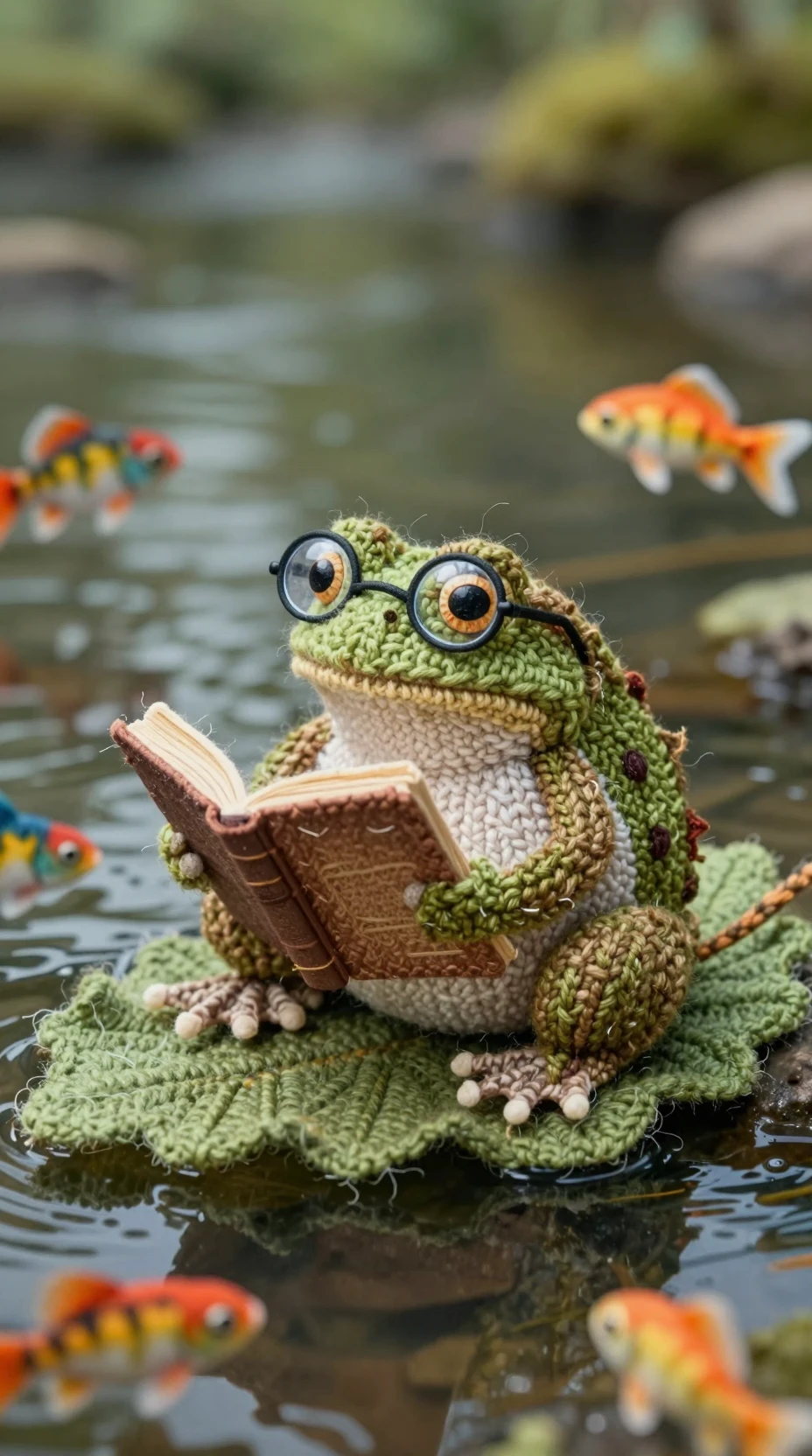 Thoughtful frog with book on leaf in textile river scene