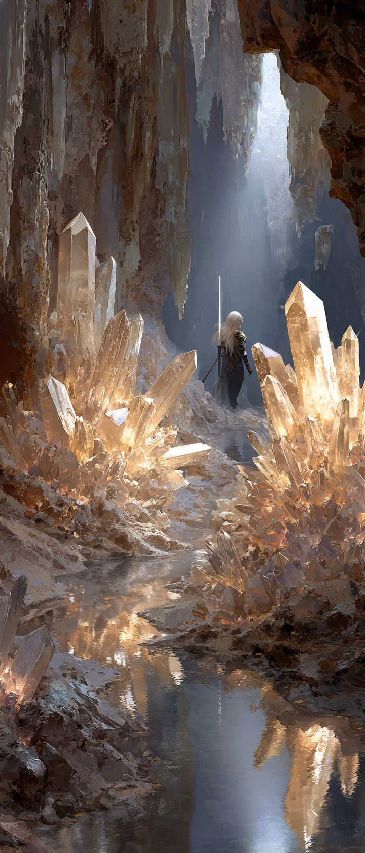 Guerrero de cabello platino explora una cueva de cristales luminosos