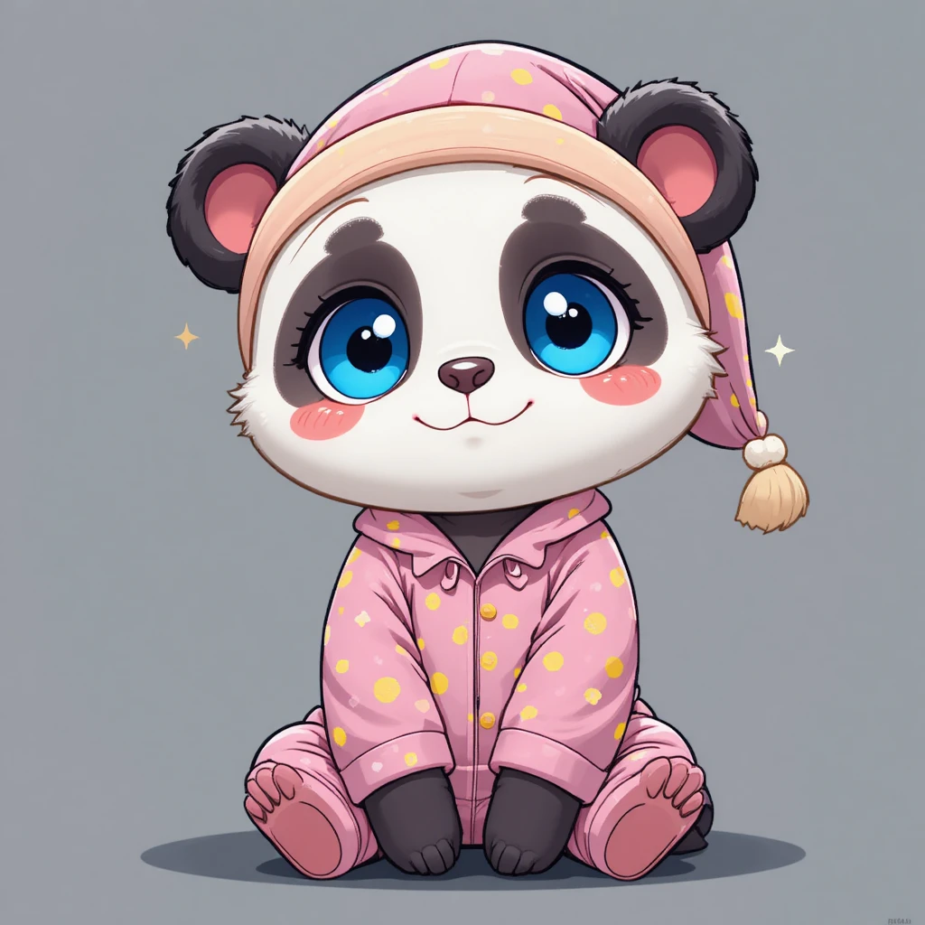 Cute panda in pink polka dot pajamas with sleepy smile